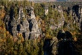 Saxon Switzerland National Park, Germany, 6 November 2021: Basteiaussicht or Bastei Rock Formations in Elbe River Valley,