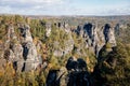 Saxon Switzerland National Park, Germany, 6 November 2021: Basteiaussicht or Bastei Rock Formations in Elbe River Valley,