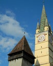 Saxon tower with smaller tower nextt to it in Medias, Romania