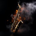 Saxophone in the air on a black background and smoke, classic jazz instrument, background for musical works Royalty Free Stock Photo