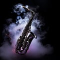 Saxophone in the air on a black background and smoke, classic jazz instrument, background for musical works, Royalty Free Stock Photo