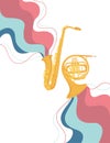 Saxophone and classical French horn musical instrument with flowing musical notes flat vector illustration Royalty Free Stock Photo