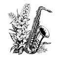 Saxophone in flowers sketch hand drawn line art engraving Royalty Free Stock Photo