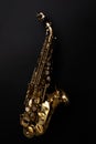 Saxophone jazz instruments. Soprano sax isolated. Saxophone music instrument closeup on black Royalty Free Stock Photo