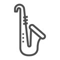 Saxophone line icon, musical and instrument, trumpet sign, vector graphics, a linear pattern on a white background.