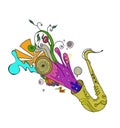 Saxophone music jazz concept. Sketch , doodle, pattern with notes and treble clef, digital draw, isolated on white ground