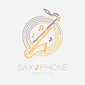 Saxophone, music note with line staff circle shape logo icon outline stroke set dash line design illustration isolated on grey