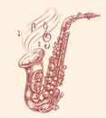 Saxophone with music notes coming out. Jazz musical instrument, vector illustration