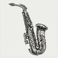 Saxophone, musical instrument, jazz, classical music, vintage retro black and white drawing