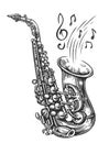 Saxophone with musical notes coming out. Live Jazz music, vintage illustration