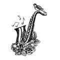 Saxophone with musical notes, decorated with roses and a nightingale, graphic vector black and white illustration. For Royalty Free Stock Photo