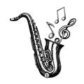 Saxophone with musical notes, graphic vector black and white illustration. For posters, flyers and invitation cards. For Royalty Free Stock Photo
