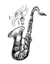 Saxophone with musical notes. Music concept. Hand drawn sketch. Vintage vector illustration Royalty Free Stock Photo