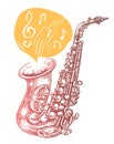 Saxophone with musical notes on poster. Classical music, jazz concert performance