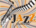 Saxophone with piano keys and text Jazz festival on grunge background. Music poster, retro banner Royalty Free Stock Photo