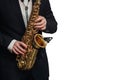 Saxophone player man isolated white background Royalty Free Stock Photo