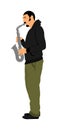 Saxophone player vector illustration. Music man play wind instrument. Music artist. Jazz man. Bugler street performer.