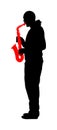 Saxophone player vector silhouette illustration. Music man play wind instrument. Music artist. Jazz man. Bugler street performer.