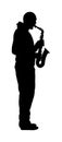 Saxophone player vector silhouette illustration. Music man play wind instrument. Music artist. Jazz man. Bugler street performer.