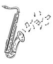 Saxophone playing melody. Wind musical instrument with notes. Jazz emblem. Black and white illustration of a wind