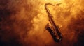 Saxophone Serenade: A sleek saxophone silhouette set against a smoky, dimly lit jazz club Royalty Free Stock Photo