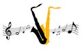 Abstract saxophone vector illustration with clef and various notes on a dynamic wave for jazz music Royalty Free Stock Photo