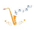 Saxophone, wind musical tool. Treble clef with notes on wavy lines. Concert performance of jazz or participation in an orchestra.