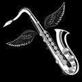 Saxophone with wings. Vintage label, illustration, logotype. Royalty Free Stock Photo