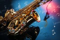 Saxophones gleam with golden melodies amidst a vibrant sea of musical notes.