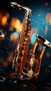 Saxophones gleam with golden melodies amidst a vibrant sea of musical notes.