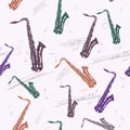 Saxophones and musical notes. Seamless pattern. Abstract vector background with a musical theme Royalty Free Stock Photo