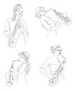 Saxophonist girl, slim. Decor sketches, posters, stickers, logo. Vector illustration set.