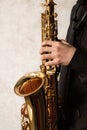 saxophonist holding alto saxophone, hands on the keys of the instrument, jazzman Royalty Free Stock Photo