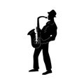 Jazz or blues musician, the man plays a saxophone.  Black and white isolated silhouette with contour. Vector illustration Royalty Free Stock Photo