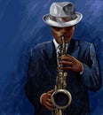 Saxophonist playing saxophone on a blue background Royalty Free Stock Photo