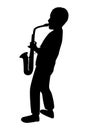 Saxophonist silhouette on white background. Young man plays an instrument. Teen boy learns music playing the saxophone. Isolated