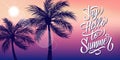 Say Hello to Summer banner with sun and palm trees silhouette. Hand drawn lettering. Summertime background. Royalty Free Stock Photo