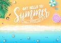 Say Hello to Summer Message in Sea Side Beach Resort Design Top View Creative Banner with Palm Trees, Tropical Leaves, Royalty Free Stock Photo