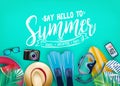 Say Hello to Summer Realistic Vector Banner Top View in Teal Color Background with and Tropical Elements Like Scuba Diving