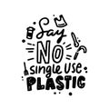 Say No Single Use Plastic Monochrome Typography, Hand Drawn Grunge Lettering. Ecology Motivation Phrase in Doodle Style