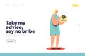 Say no to bribe landing page with woman holding envelope with money for bribery giving