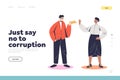 Say no to corruption landing page with female judge or teacher refusing to take bribe in envelope