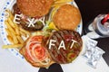 Say No To Junk Food. Juicy burger and fries with words SEXY FAT on it. Anti fast food, time for diet concept Royalty Free Stock Photo