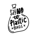 Say No to Plastic Bags Banner, Stop Contamination, Save Planet Eco Concept. Monochrome Hand Drawn Lettering, Ecology