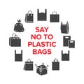 Say no to plastic bags circle template with flat glyph icons. Zero waste vector illustration for poster. Signs of