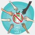 Say no to plastic bags concept, cartoon style. cooperation of people in different nationalities with signage for stop using