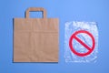 Say No to Plastic Bags, Recycle Concept, Eco Friendly Paper Bag and Plastic Packet Royalty Free Stock Photo