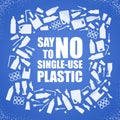 Say no to single-use plastic. Problem plastic pollution. Ecological poster. Banner composed of white plastic waste bag, bottle and