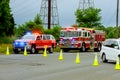 Sayreville NJ USA - Jujy 02, 2018: Emergency service damaged cars the street after car crash with light blinking flashing blue lig Royalty Free Stock Photo