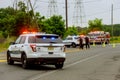 Sayreville NJ USA - Jujy 02, 2018: Police emergency service damaged cars sreet with light blinking Royalty Free Stock Photo